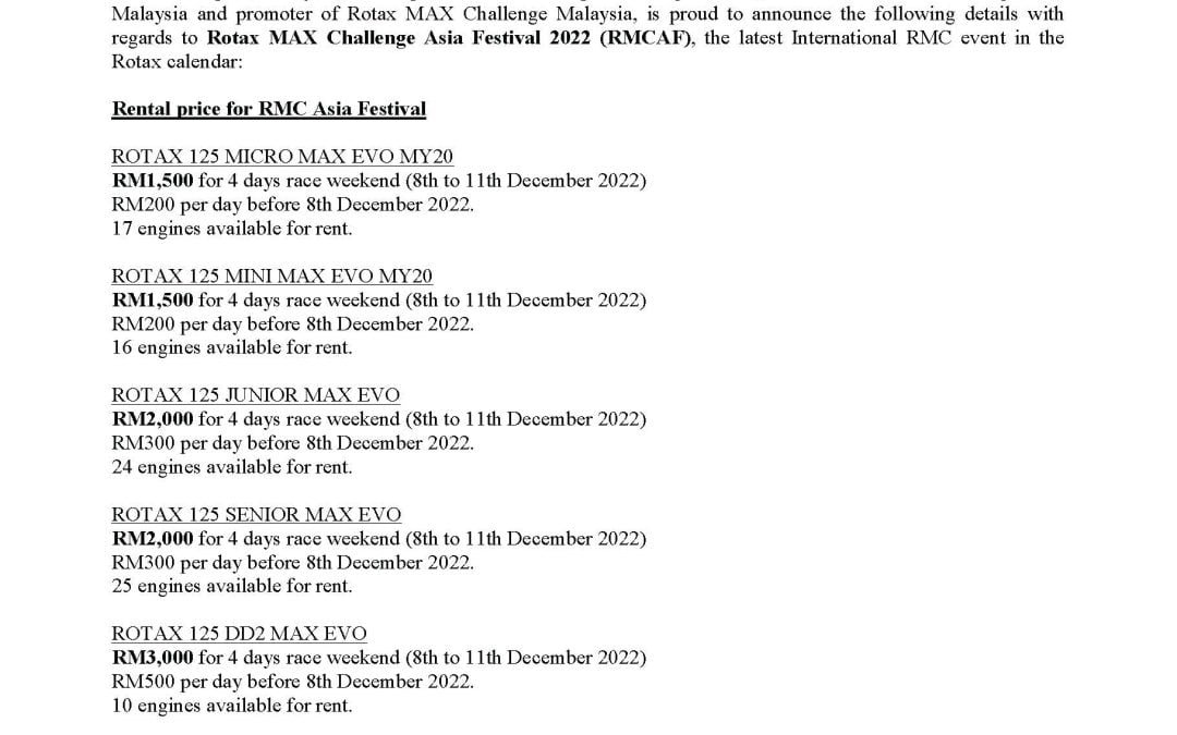 Rotax MAX Challenge Asia Festival 2022 Engine Rental Press Release