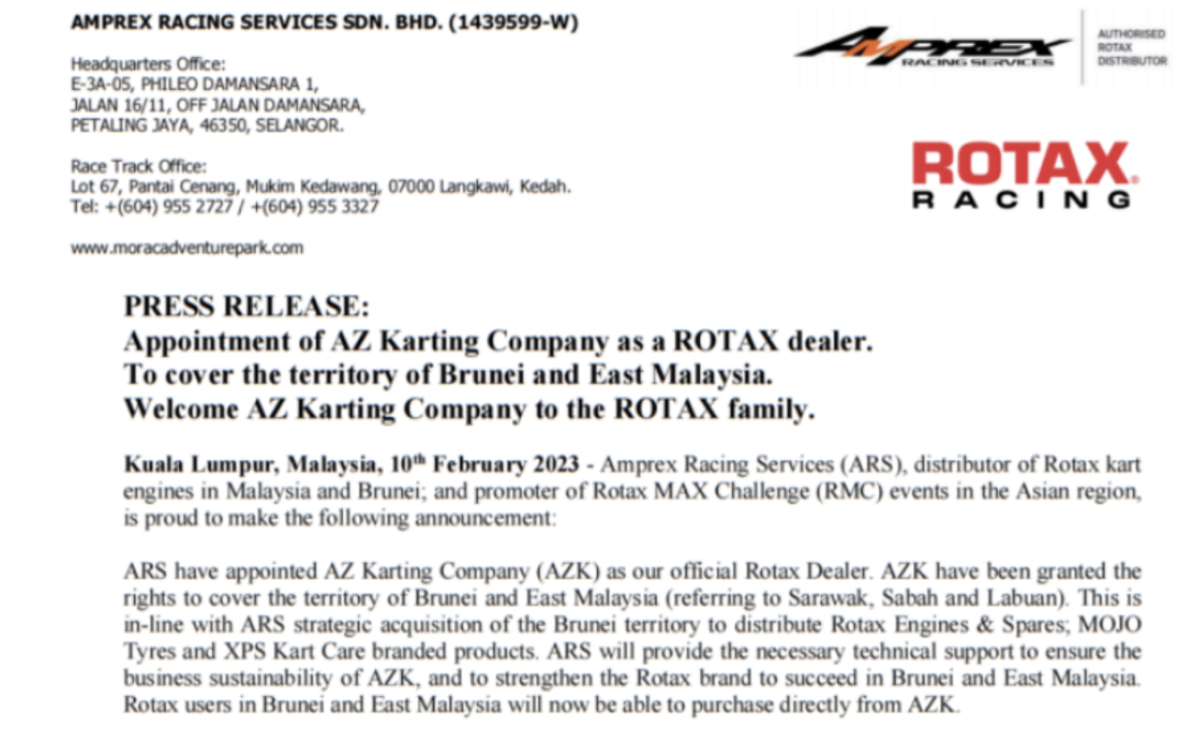 PRESS RELEASE: Appointment of AZ Karting Company as a ROTAX dealer.