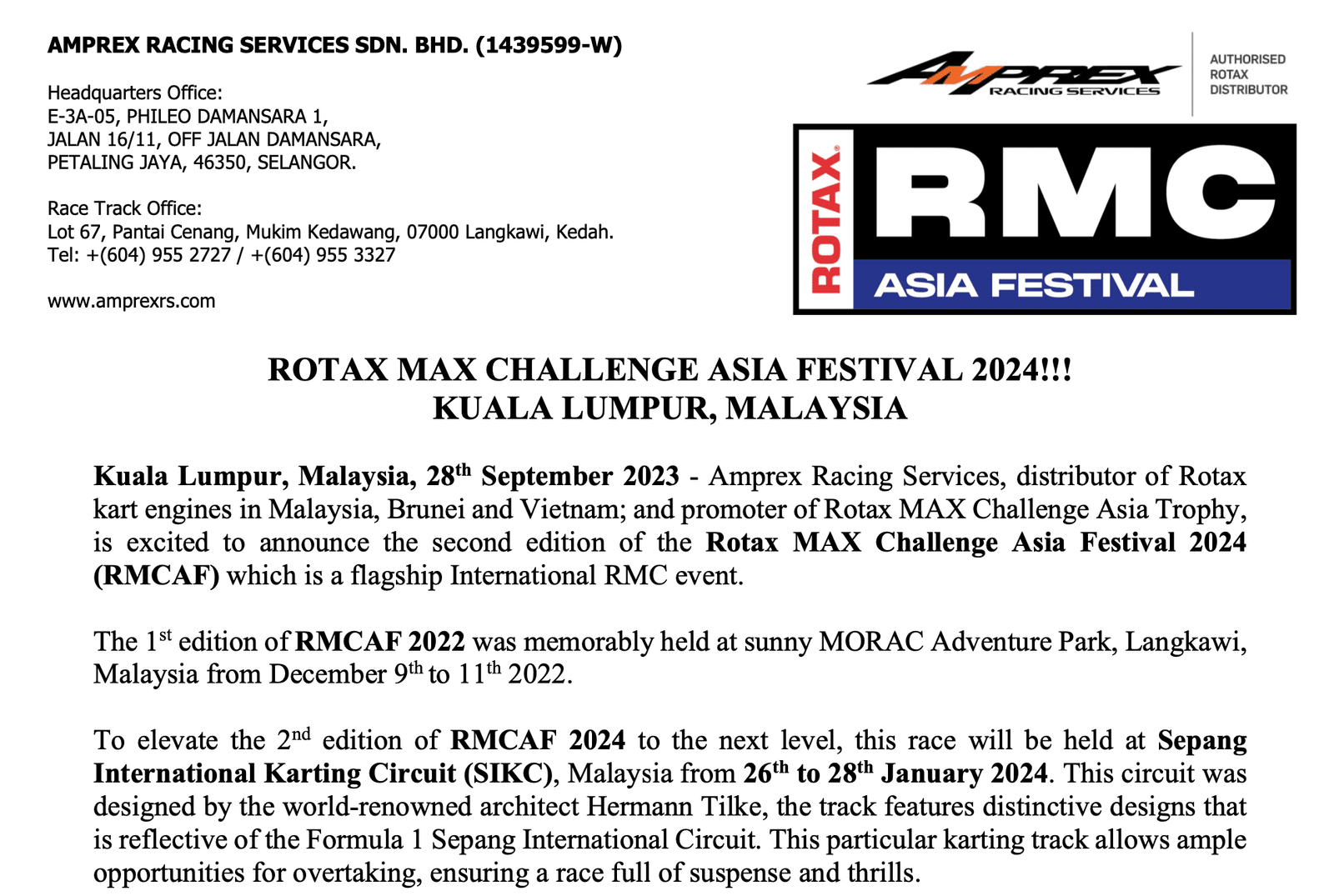 ROTAX MAX CHALLENGE ASIA FESTIVAL 2024 Press Release Rotax Max Challenge Asia Festival by